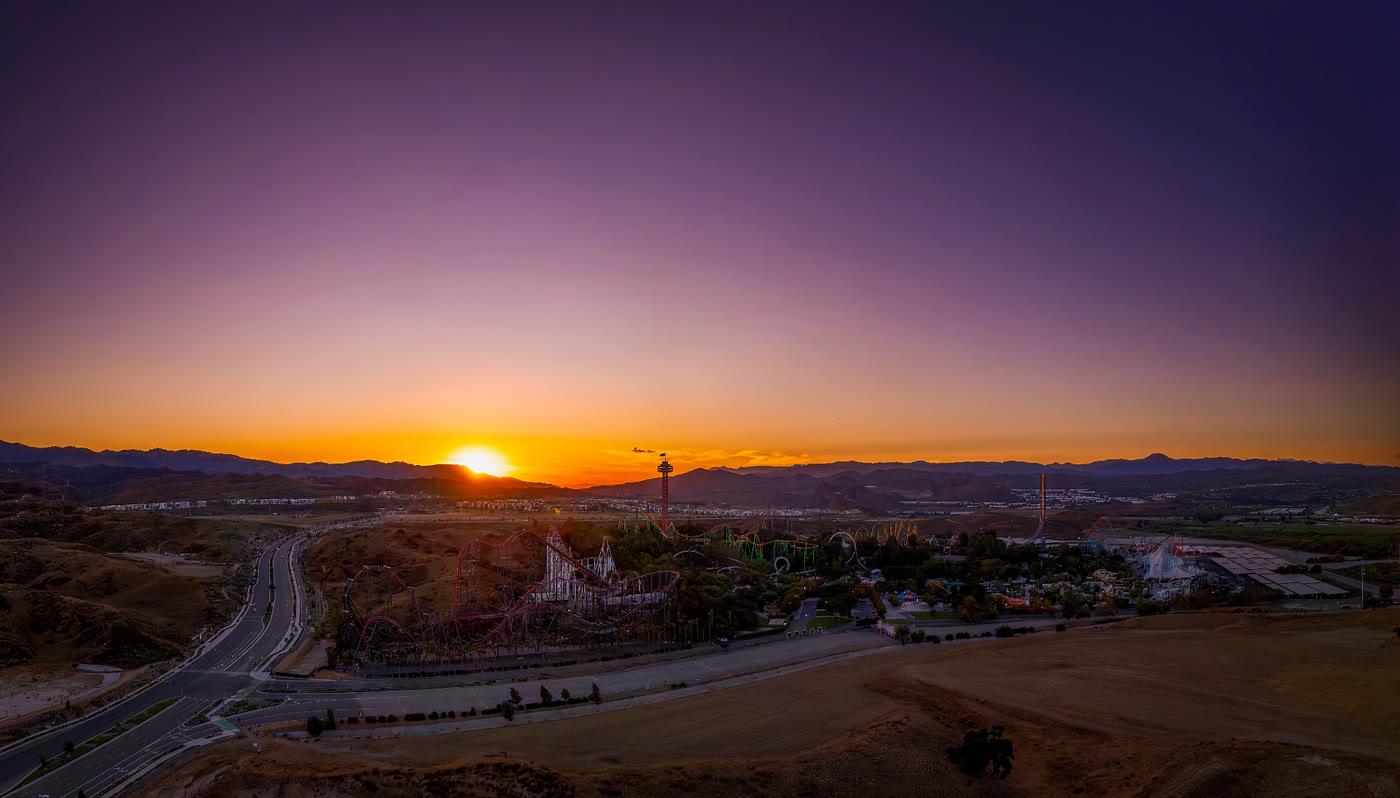Santa Clarita Valley at sunset with Six Flags Magic Mountain in the foreground